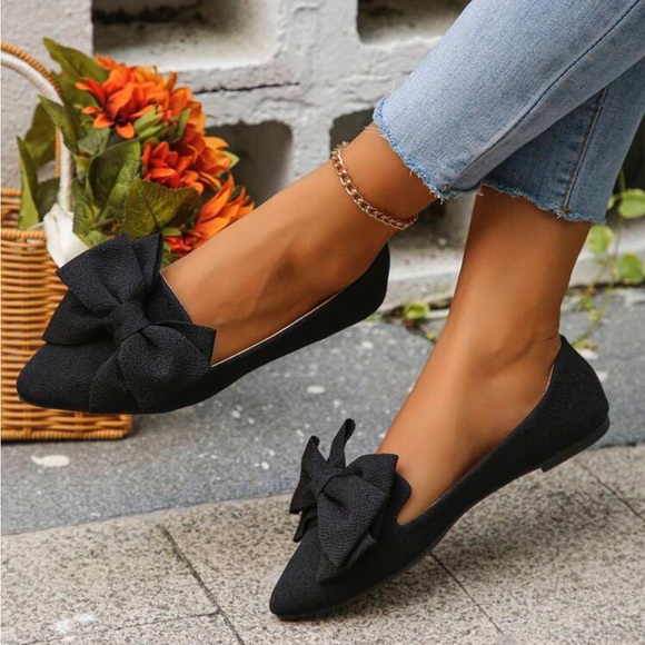 Women's Sweet Bowknot Autumn Shoes, Slip-on Black Flat Shoes With Pointed Toe - Picture 3 of 4